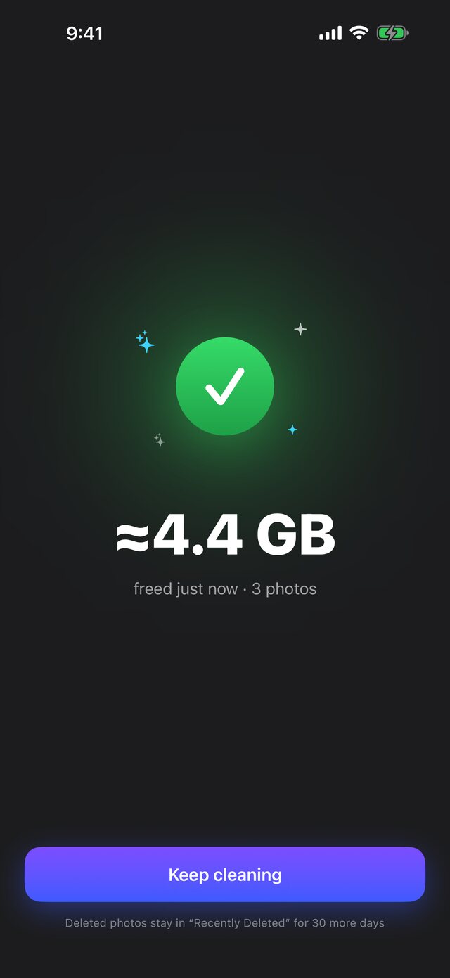 The results screen showing roughly 4.4 gigabytes freed just now.