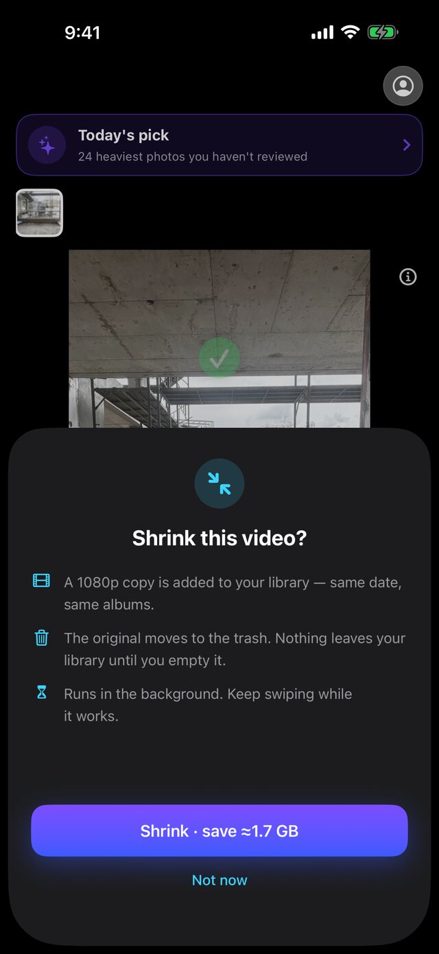 The Shrink this video sheet: a 1080p copy is added to the library, the original moves to the trash.